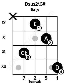 Fretboard image for the Dsus2\C# chord on banjo frets: x 11 9 10 12