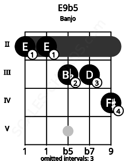 Fretboard image for the E9b5 chord on banjo frets: 2 2 3 3 4