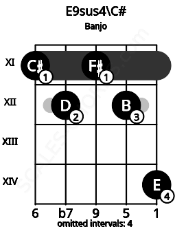 Fretboard image for the E9sus4\C# chord on banjo frets: 11 12 11 12 14