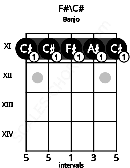 Fretboard image for the F#\C# chord on banjo frets: 11 11 11 11 11