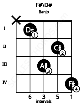 Fretboard image for the F#\D# chord on banjo frets: x 1 3 2 4