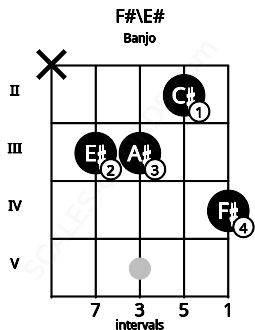 Fretboard image for the F#\E# chord on banjo frets: x 3 3 2 4