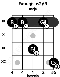 Fretboard image for the F#aug(sus2)\Cb chord on banjo frets: 9 9 11 9 12