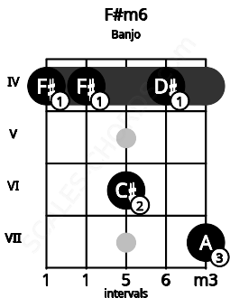 Fretboard image for the F#m6 chord on banjo frets: 4 4 6 4 7