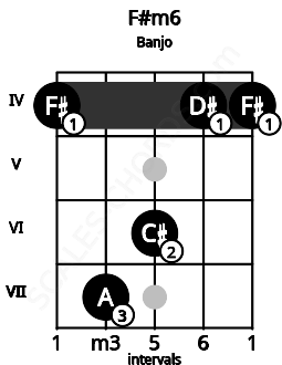 Fretboard image for the F#m6 chord on banjo frets: 4 7 6 4 4