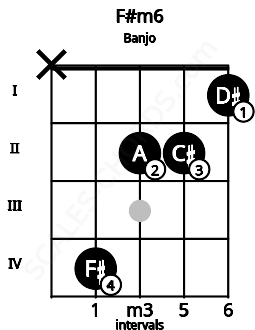 Fretboard image for the F#m6 chord on banjo frets: x 4 2 2 1
