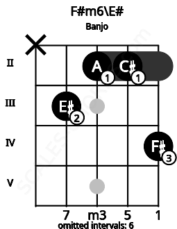 Fretboard image for the F#m6\E# chord on banjo frets: x 3 2 2 4
