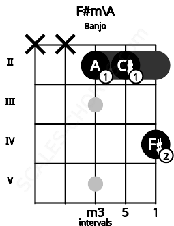 Fretboard image for the F#m\A chord on banjo frets: x x 2 2 4