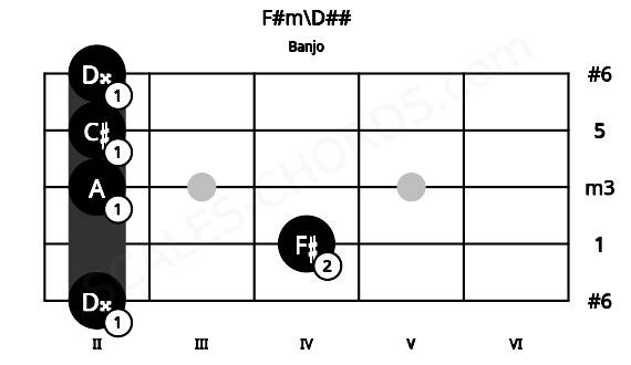 Fretboard image for the F#m\D## chord on banjo frets: 2 4 2 2 2