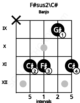 Fretboard image for the F#sus2\C# chord on banjo frets: x 11 11 9 11
