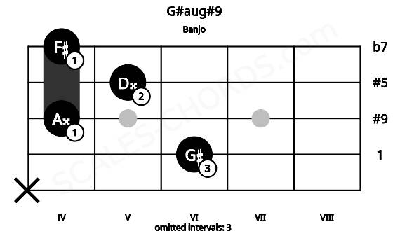 Fretboard image for the G#aug#9 chord on banjo frets: x 6 4 5 4