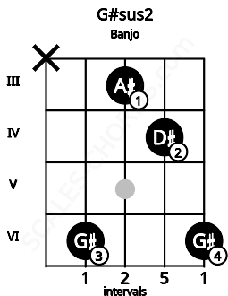 Fretboard image for the G#sus2 chord on banjo frets: x 6 3 4 6