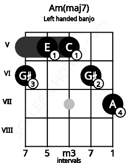 Fretboard image for the Am(maj7) chord on left handled banjo frets: 7 6 5 5 6
