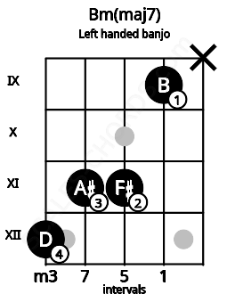 Fretboard image for the Bm(maj7) chord on left handled banjo frets: x 9 11 11 12