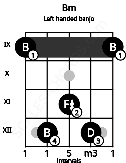 Fretboard image for the Bm chord on left handled banjo frets: 9 12 11 12 9