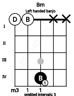 Fretboard image for the Bm chord on left handled banjo frets: x x 4 0 0