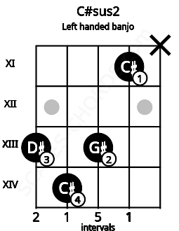Fretboard image for the C#sus2 chord on left handled banjo frets: x 11 13 14 13
