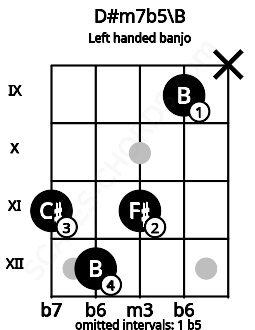 Fretboard image for the D#m7b5\B chord on left handled banjo frets: x 9 11 12 11