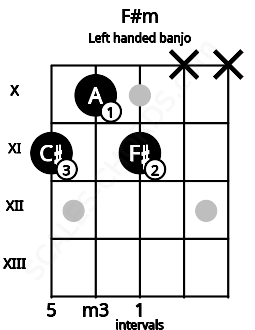 Fretboard image for the F#m chord on left handled banjo frets: x x 11 10 11