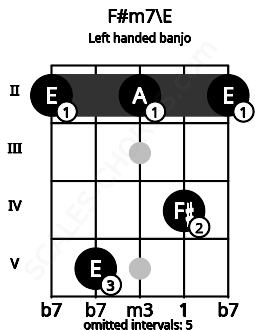 Fretboard image for the F#m7\E chord on left handled banjo frets: 2 4 2 5 2