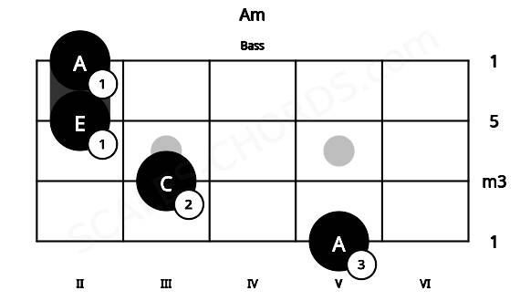Fretboard image for the Am chord on bass frets: 5 3 2 2
