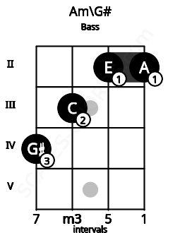 Fretboard image for the Am\G# chord on bass frets: 4 3 2 2