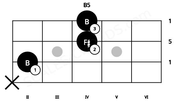 Fretboard image for the B5 chord on bass frets: x 2 4 4