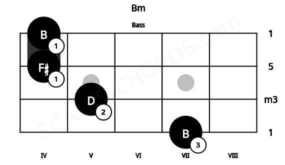 Fretboard image for the Bm chord on bass frets: 7 5 4 4