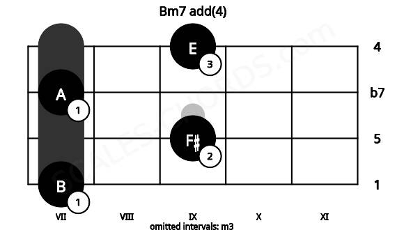 Fretboard image for the Bm7 add(4) chord on bass frets: 7 9 7 9