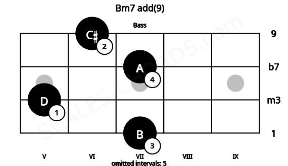 Fretboard image for the Bm7 add(9) chord on bass frets: 7 5 7 6