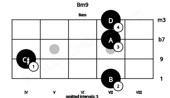 Fretboard image for the Bm9 chord on bass frets: 7 4 7 7