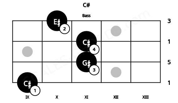 Fretboard image for the C# chord on bass frets: 9 11 11 10
