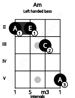 Fretboard image for the Am chord on left handled bass frets: 5 3 2 2