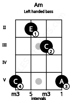 Fretboard image for the Am chord on left handled bass frets: 5 3 2 5