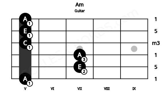 Fretboard image for the Am chord on guitar frets: 5 7 7 5 5 5