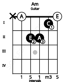 Fretboard image for the Am chord on guitar frets: x 0 2 2 1 0