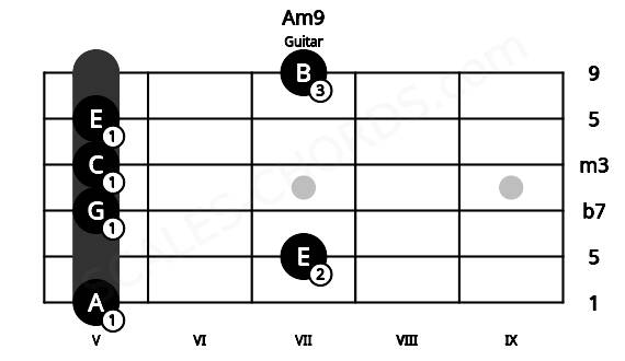 Fretboard image for the Am9 chord on guitar frets: 5 7 5 5 5 7