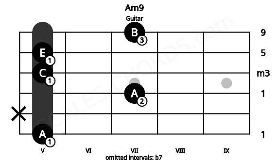 Fretboard image for the Am9 chord on guitar frets: 5 x 7 5 5 7