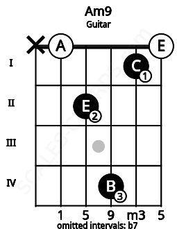 Fretboard image for the Am9 chord on guitar frets: x 0 2 4 1 0