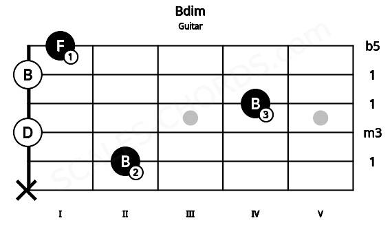 Fretboard image for the Bdim chord on guitar frets: x 2 0 4 0 1