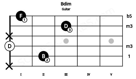 Fretboard image for the Bdim chord on guitar frets: x 2 0 x 3 1