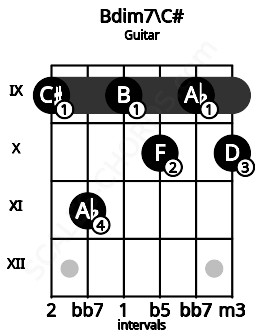 Fretboard image for the Bdim7\C# chord on guitar frets: 9 11 9 10 9 10
