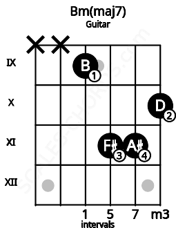 Fretboard image for the Bm(maj7) chord on guitar frets: x x 9 11 11 10