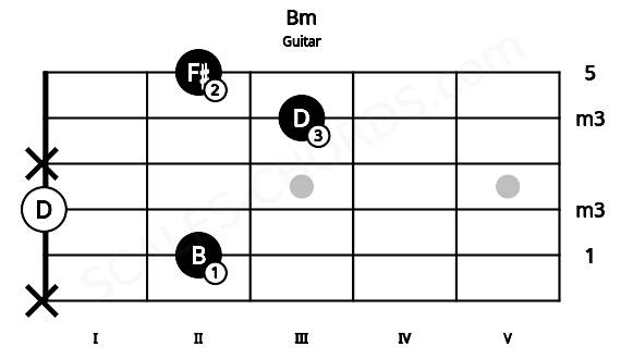 Fretboard image for the Bm chord on guitar frets: x 2 0 x 3 2