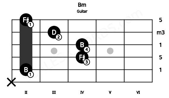 Fretboard image for the Bm chord on guitar frets: x 2 4 4 3 2