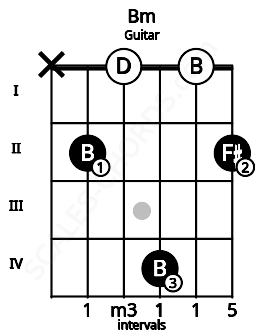 Fretboard image for the Bm chord on guitar frets: x 2 0 4 0 2