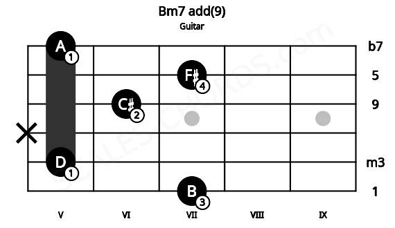 Fretboard image for the Bm7 add(9) chord on guitar frets: 7 5 x 6 7 5