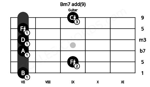 Fretboard image for the Bm7 add(9) chord on guitar frets: 7 9 7 7 7 9