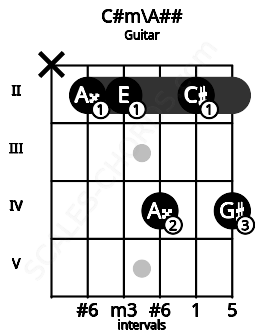 Fretboard image for the C#m\Cb chord on guitar frets: x 2 2 4 2 4