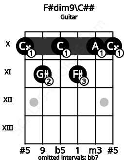 Fretboard image for the F#dim9\C## chord on guitar frets: 10 11 10 11 10 10